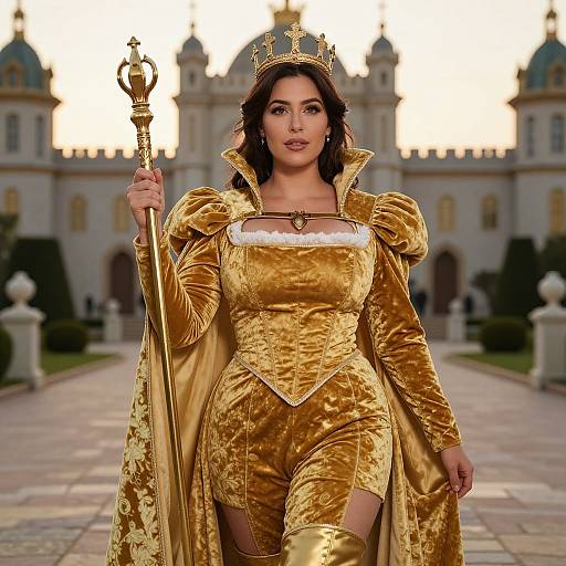 Photorealistic digital image of a queen with dark hair, gold velvet gown, and crown, holding a gold staff, standing before a castle.