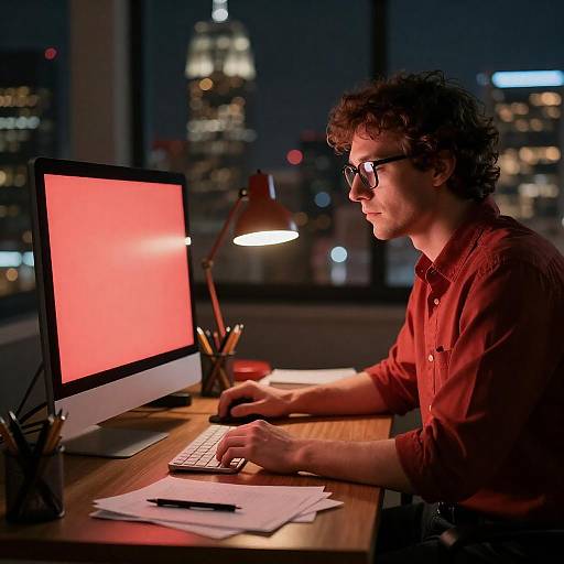 Man at Desk with Glowing Computer