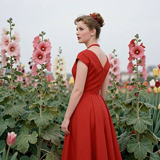 Photograph of a fair-skinned woman with brown hair in an updo, wearing a red dress, standing in a field of tall pink holly