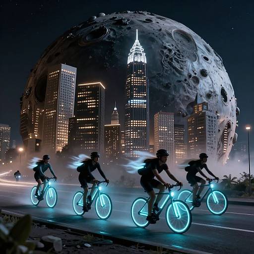 Photograph of three cyclists with glowing blue lights in a futuristic cityscape at night, featuring a large, illuminated, moon-like structure and illuminated skyscrap