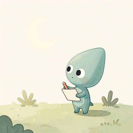 Whimsical Teardrop-Head Alien With Crayon