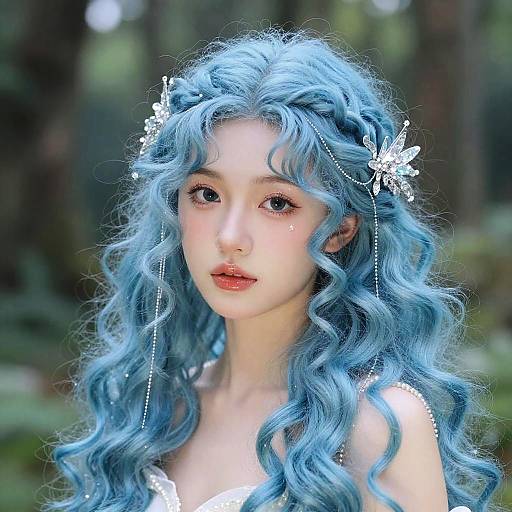 Curly Blue Hair in Enchanted Forest