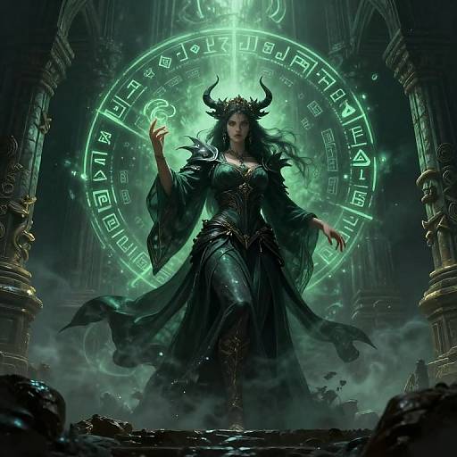 Digital art of a dark, horned sorceress with flowing black dress, glowing green circular runes, and a misty, ancient temple background.