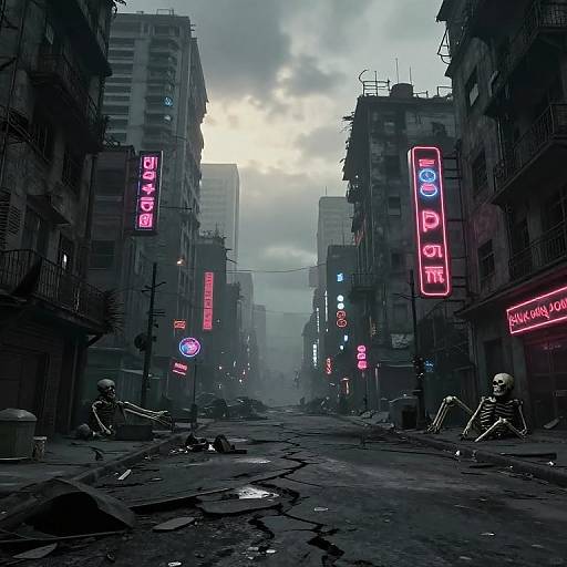 Cyberpunk city street at dusk, neon signs glow pink and blue, two skeletal figures sit on the cracked pavement, overcast sky, abandoned buildings
