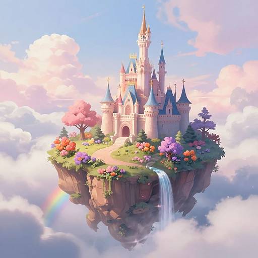Digital art of a floating fairy-tale castle with tall spires, surrounded by colorful flowers, a small waterfall, and rainbow, amidst fluffy clouds.
