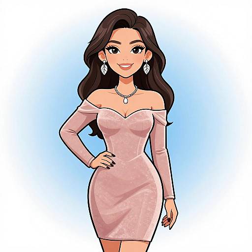 Digital anime-style drawing of a smiling woman with long black hair, wearing an off-shoulder pink dress, diamond earrings, and necklace, against a