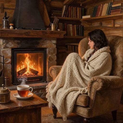 Cozy photograph of a woman with dark hair, wrapped in a thick cream blanket, sitting by a roaring fireplace in a wooden cabin, sipping tea