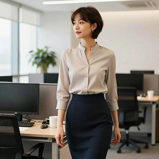 Photograph of an Asian woman with short brown hair, wearing a white button-up blouse and black pencil skirt, standing in a modern, brightly lit office