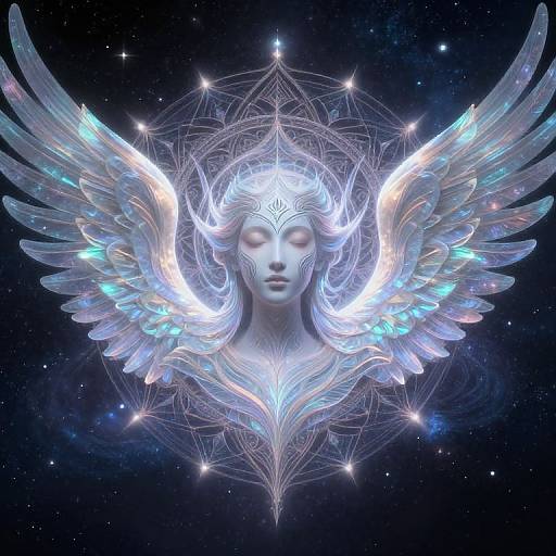 Digital artwork of a glowing, ethereal angelic face with radiant blue and white wings, surrounded by geometric patterns and starry background.