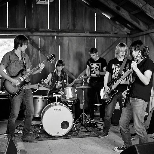 Black-and-white photograph of five young male musicians in a wooden barn, playing guitars and drums, wearing casual clothes and hats.