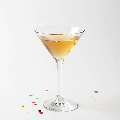 Photograph of a clear martini glass filled with a light amber cocktail, standing on a white background with scattered colorful cocktail olives.
