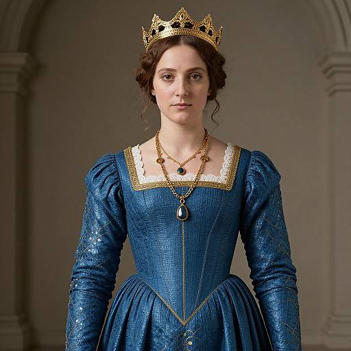 Photograph of a fair-skinned woman with dark curly hair, wearing a gold crown, blue medieval-style dress with gold trim, and gold jewelry,