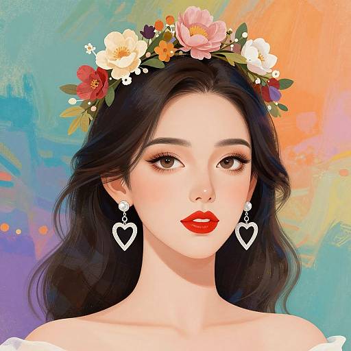 Digital portrait of a fair-skinned woman with black hair, red lipstick, heart-shaped earrings, and a colorful flower crown, against a vibrant abstract background