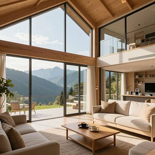 Modern mountain cabin living room with large floor-to-ceiling windows, wooden ceiling beams, beige sofas, wooden coffee table, and mountain view.