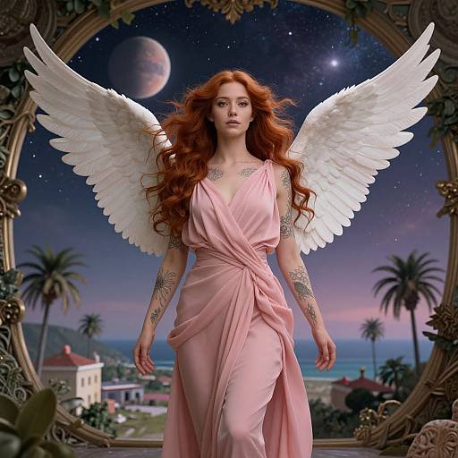 Digital artwork of a red-haired angel with white wings, wearing a pink, flowing gown, standing in an ornate frame, with a starry night