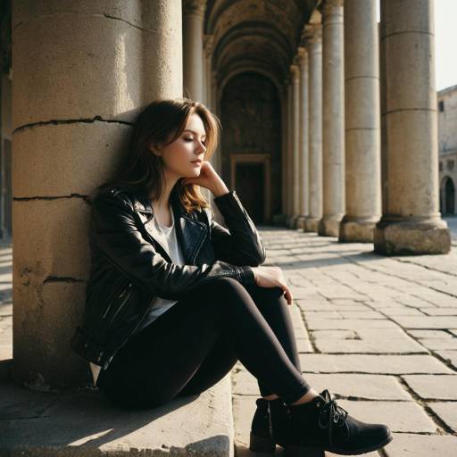 Thoughtful Young Woman Sitting by Stone Pillar