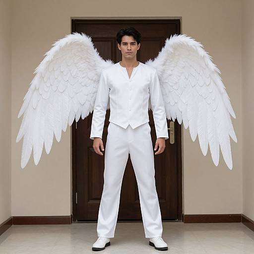 Photograph of a young man with dark hair, wearing a white suit and large, white feathered angel wings, standing in front of a dark wooden