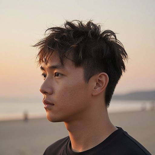 Photograph of an Asian man with spiky black hair, side profile, wearing a black shirt, at a beach during sunset.