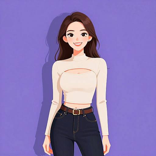 Digital anime-style drawing of a smiling woman with long brown hair, white long-sleeve crop top, and dark jeans, against a solid purple background