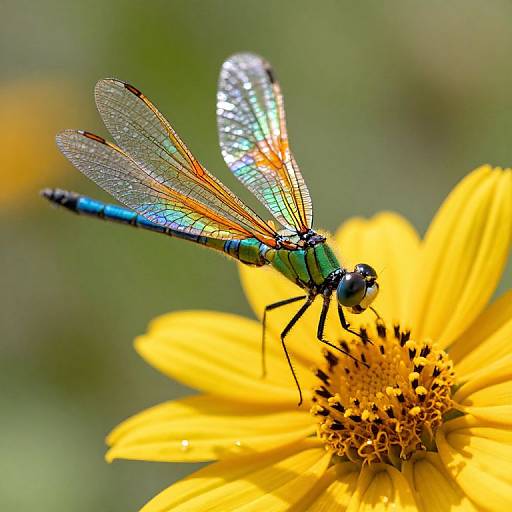 Close-up photograph of a vibrant blue-green dragonfly with iridescent wings perched on a bright yellow daisy against a blurred green background.