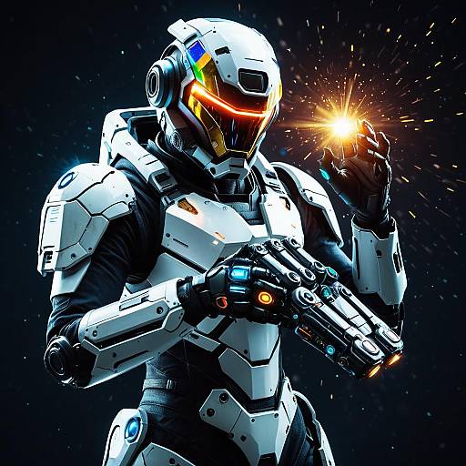 Futuristic Quantum Mechanic in Exosuit with Energy Gauntlet