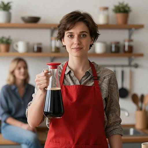 Woman Holding Glass Carafe of Coffee in Kitchen