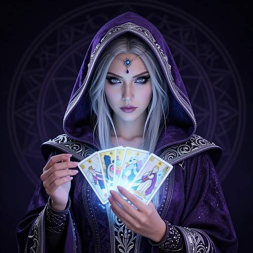 Mystical Sorceress with Glowing Tarot Cards