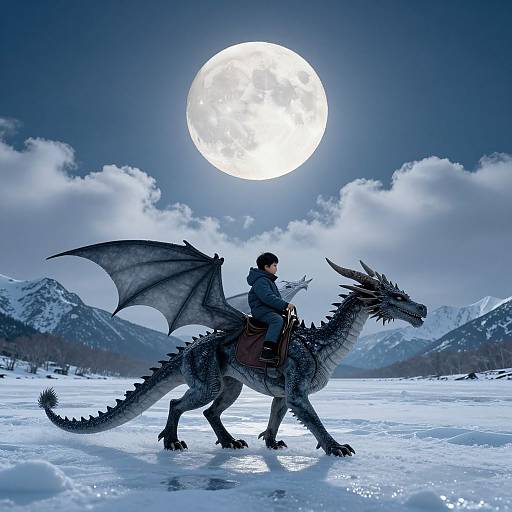 Photograph of a person in winter clothes riding a black dragon with wings spread, under a bright full moon in a snowy mountain landscape.