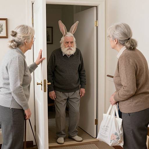 Photograph of an elderly white man with a white beard and rabbit ears standing in a doorway, being greeted by two white women with gray hair, one