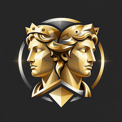 Digital illustration of two golden, stylized, ancient Greek warrior heads with crowns, facing each other, set against a black circular background.