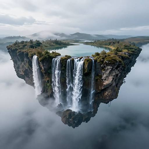 Photorealistic CGI of a floating island with twin waterfalls cascading into a mist-covered lake, surrounded by fog and greenery.