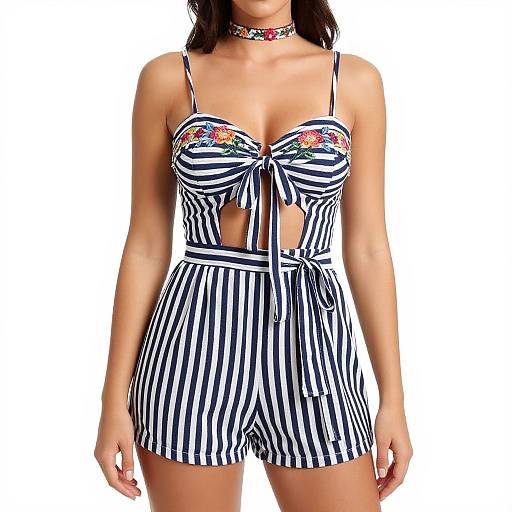 Photograph of a woman in a black-and-white striped, floral-embellished, strapless romper with a bow tie front, wearing a