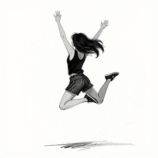 Monochromatic digital drawing of a girl with dark hair, wearing a black tank top and shorts, jumping with arms raised, shadow beneath.