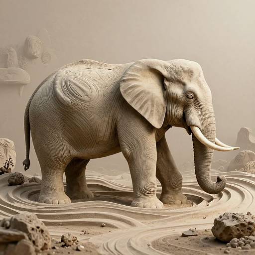 Photorealistic CGI of a textured, gray elephant with large ears and curved tusks standing in a swirling, rocky, desert landscape.