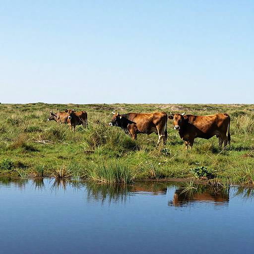 Brown Cows Grazing by Calm Water