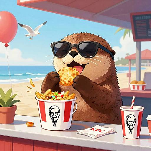 Laughing Sea Otter Enjoying KFC Feast