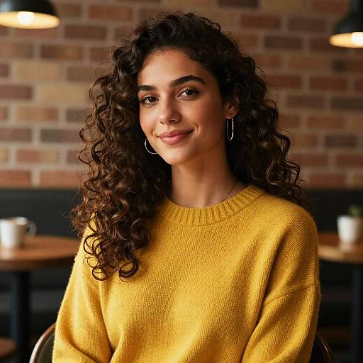 Photograph of a smiling young woman with curly brown hair, wearing a yellow sweater, hoop earrings, in a brick-walled café.