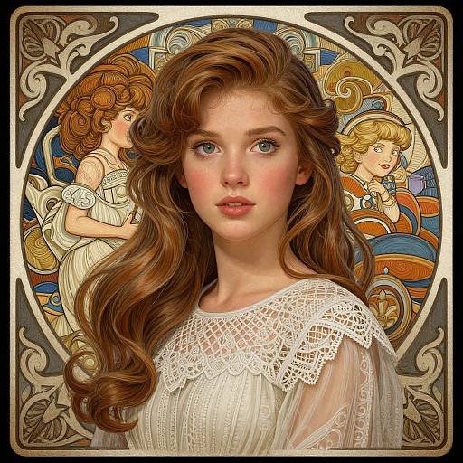 Digital illustration of a fair-skinned, blue-eyed woman with wavy brown hair in a lacy white dress, framed by intricate, Art Nouveau