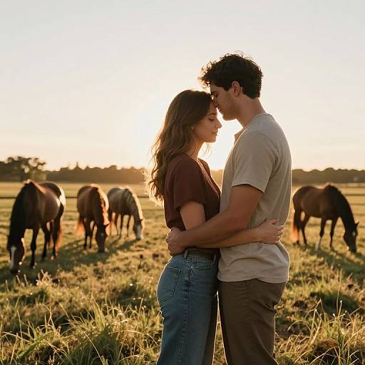 Photograph of a couple kissing in a sunlit meadow, surrounded by grazing horses, wearing casual clothes, with warm golden hour light.