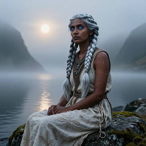 Photograph of a woman with silver braided hair, blue eyes, and tribal tattoos, wearing a white embroidered dress, seated on a rock by a