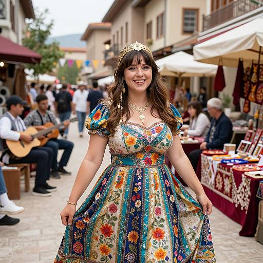 Photograph of a smiling woman in a colorful, floral embroidered dress, gold tiara, and necklace, standing in a bustling outdoor market street with musicians