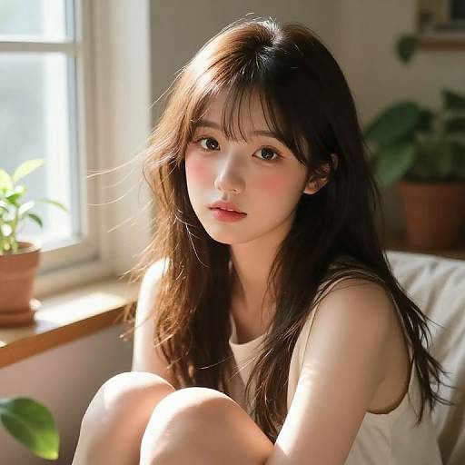 Photograph of a young Asian woman with long, dark brown hair, fair skin, and pink cheeks, sitting by a sunlit window, wearing a