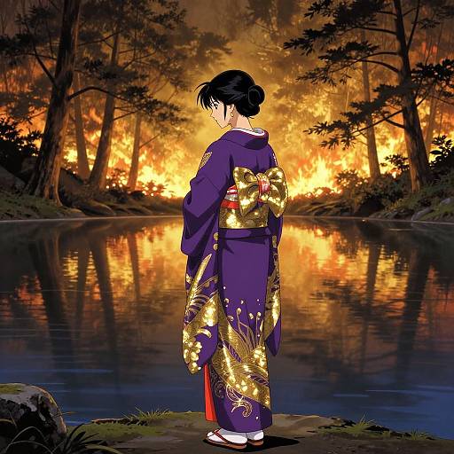 Digital art of a woman in a purple kimono with gold patterns, standing by a reflective pond at night, watching a fiery forest blaze in the background