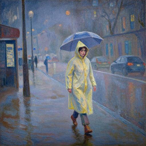 Impressionist-style painting of a woman in a yellow raincoat and umbrella walking on a wet, foggy city street at night.