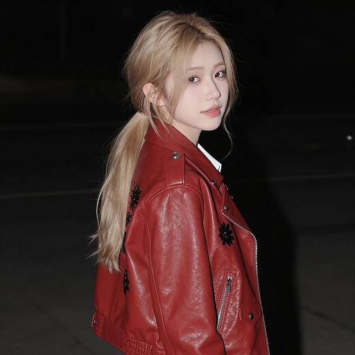 Blonde Woman in Red Leather Jacket