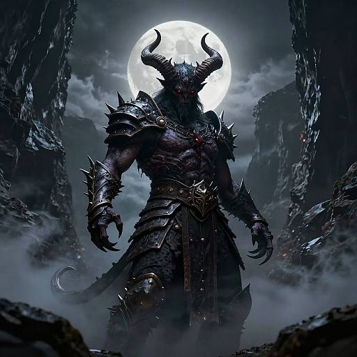 Digital artwork of a dark, muscular demon with spiked armor, horns, and glowing red eyes, standing before a full moon in a rocky, misty