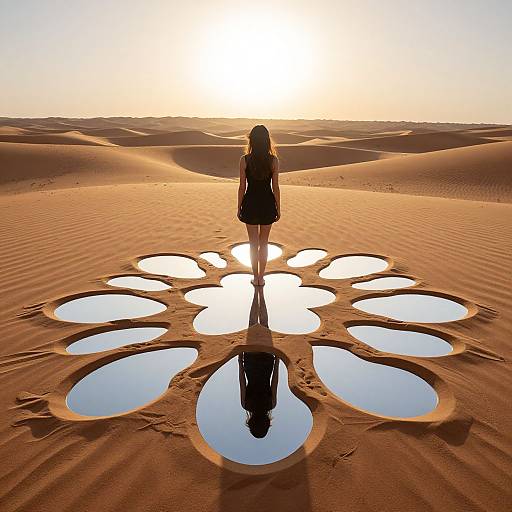 Photograph of a woman with long hair standing in a desert, reflecting in circular water pools at sunset, with golden sand dunes in the background.