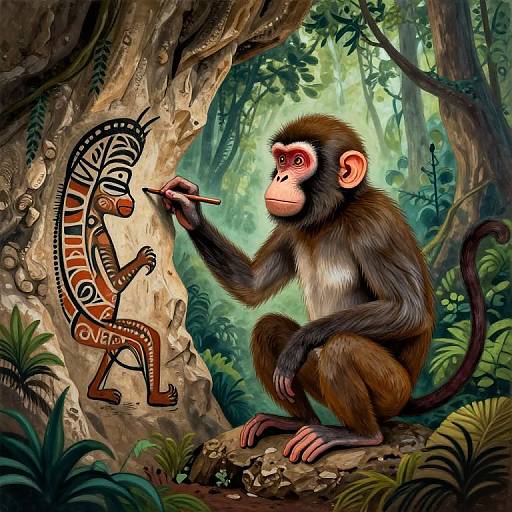 Illustration: A curious monkey with red eyes paints a stylized, tribal 