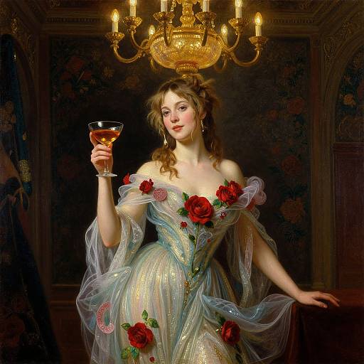 Digital painting of a fair-skinned woman with wavy brown hair, wearing an off-shoulder, glowing white dress with red roses, holding a