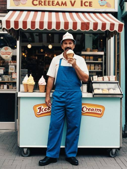 Man in Ice Cream Vendor Costume Holding Cone